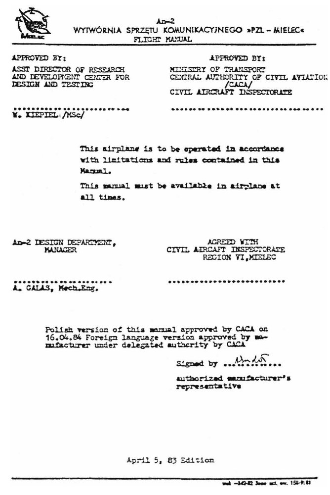 Historical An-2 Flight Manual (1985) — cover